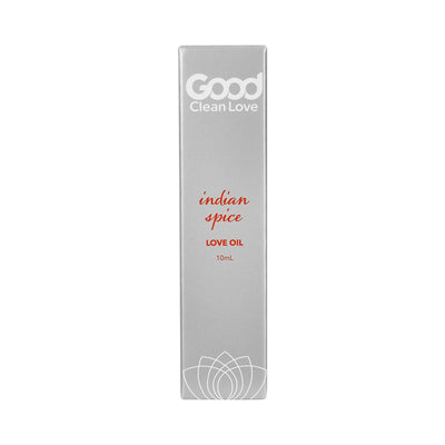 Good Clean Love Indian Spice Love Oil 10mL box with silver packaging and red text.