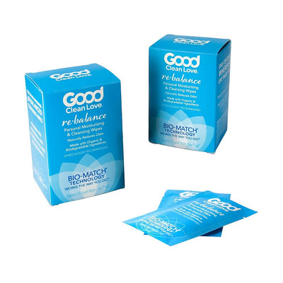 Good Clean Love Rebalance personal moisturizing and cleansing wipes in blue packaging with two individual wipe packets shown.