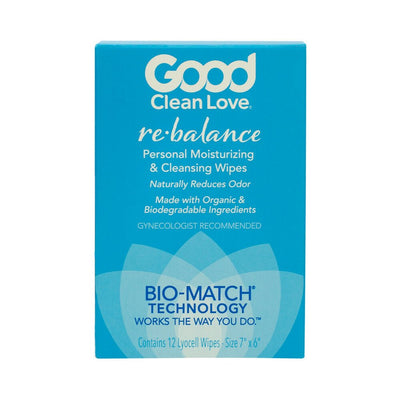 Good Clean Love Rebalance personal moisturizing and cleansing wipes 12-pack in blue packaging with bio-match technology branding.