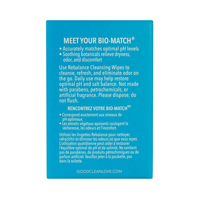 Back of Good Clean Love Rebalance Personal Moisturizing & Cleansing Wipes box with product benefits and usage instructions in English and French.