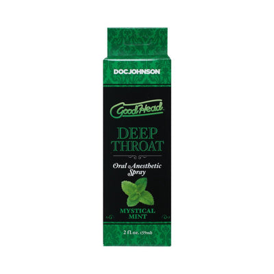 Goodhead Deep Throat oral anesthetic spray box in black and green with mint leaf illustration, 2 fl oz size