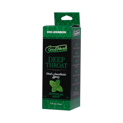 Goodhead Deep Throat Oral Anesthetic Spray box in mystical mint flavor, 2 fl oz packaging by Doc Johnson.