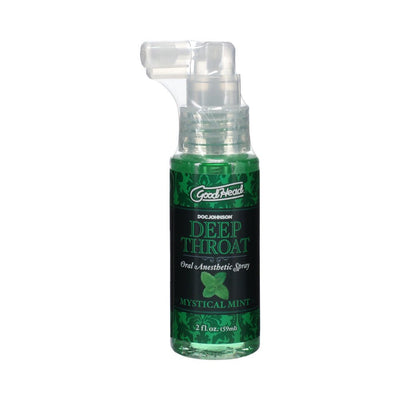 Goodhead Deep Throat oral anesthetic spray bottle in mystical mint flavor, 2 fl oz with clear spray nozzle.