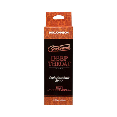 Goodhead Deep Throat oral anesthetic spray box in black and orange with sexy cinnamon flavor, 2 fl oz size.