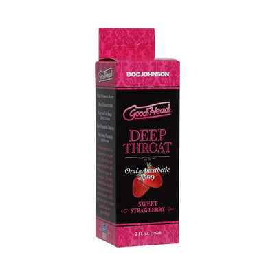 Goodhead Deep Throat oral anesthetic spray box in sweet strawberry flavor, 2 fl oz size with pink and black design.
