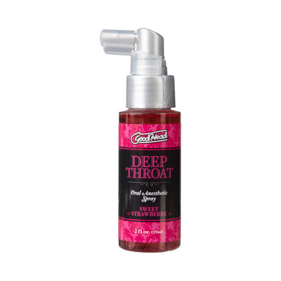 Goodhead Deep Throat oral anesthetic spray bottle in sweet strawberry flavor with pink and black label, 2oz size