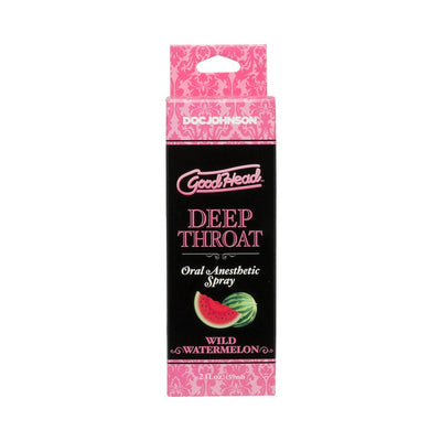 Goodhead Deep Throat oral anesthetic spray in wild watermelon flavor with pink and black packaging, 2oz size