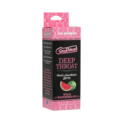 Goodhead Deep Throat oral anesthetic spray box in wild watermelon flavor with pink and black design, 2 fl oz size.