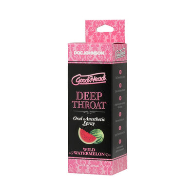Goodhead Deep Throat oral anesthetic spray packaging in pink and black with watermelon illustration, 2 fl oz size