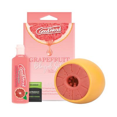 Goodhead Grapefruit Blowjob Set with textured ULTRASKYN stroker, grapefruit-flavored lubricant, and refresh powder.