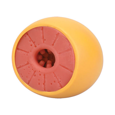 Close-up of a grapefruit-themed open-ended stroker with textured red interior and smooth yellow exterior.