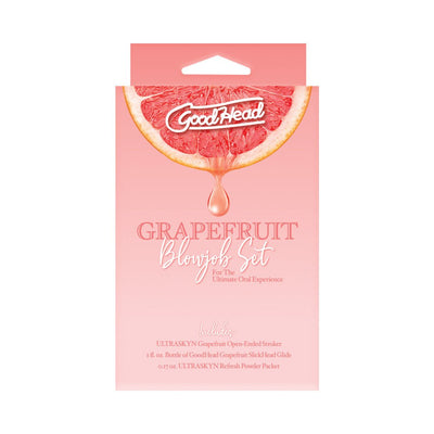 Packaging of Goodhead Grapefruit Blowjob Set featuring a grapefruit slice and product details on a pink background.