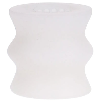 Frosted silicone handheld mini stroker with textured interior beads for enhanced sensation.