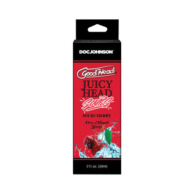 GoodHead Juicy Head Sour Cherry dry mouth spray packaging with cherries and water splash on red background.