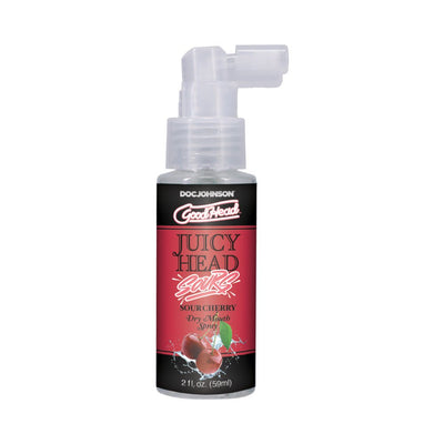 GoodHead Juicy Head Sour Cherry dry mouth spray in a 2 oz bottle with a clear spray nozzle and cherry graphics.