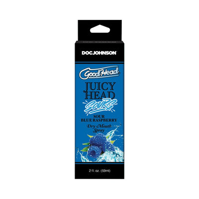 GoodHead Juicy Head Sour Blue Raspberry dry mouth spray packaging with blue raspberry and water splash design