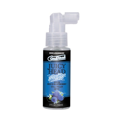 Goodhead Juicy Head Sour Blue Raspberry dry mouth spray bottle with blue label and clear spray top, 2 fl oz size.