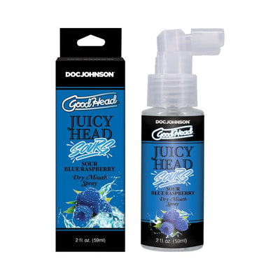 GoodHead Juicy Head Sour Blue Raspberry dry mouth spray 2 oz bottle with matching blue and black packaging