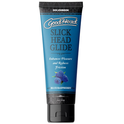Tube of Goodhead Slick Head Glide blue raspberry flavored lubricant with black flip cap and blue raspberry image on label.