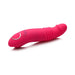 Magenta ergonomic silicone vibrator with textured shaft and single button control on white background
