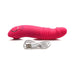 Magenta rechargeable silicone vibrator with textured shaft and USB charging cable on white background.