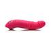 Magenta ergonomic silicone vibrator with textured shaft and curved tip, shown on white background.
