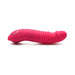Magenta rechargeable silicone vibrator with ergonomic curved design and textured shaft for targeted stimulation.