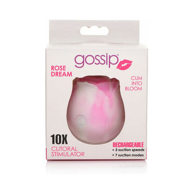 Gossip Rose Crush clitoral stimulator in pink rose shape with 10X suction, rechargeable, 3 speeds, 7 modes in white retail box.