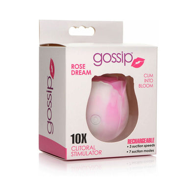 Gossip Rose Crush silicone clitoral stimulator in pink and white, packaged in a white box with pink accents.