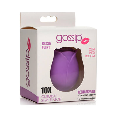 Packaging box of a purple rose-shaped clitoral stimulator with branding and product features visible.