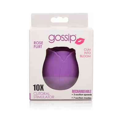 Packaging of a purple rose-shaped clitoral stimulator with 3 suction speeds and 7 modes, labeled Gossip Rose Flirt.