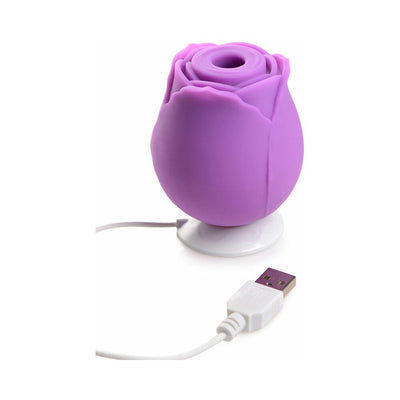 Purple rose-shaped clitoral vibrator with USB charging cable and white charging base on white background.