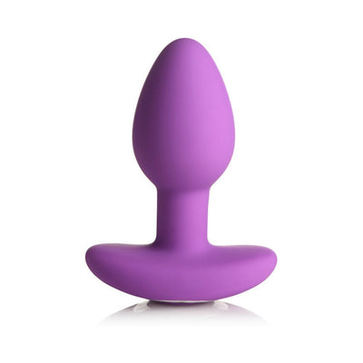 Vibrant violet silicone butt plug with smooth, tapered shape and wide base for secure, comfortable fit.