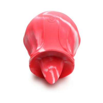 Close-up of a red and white marbled silicone tongue-shaped personal massager on a white background.