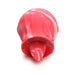 Close-up of a red and white marbled silicone tongue-shaped personal massager on a white background.