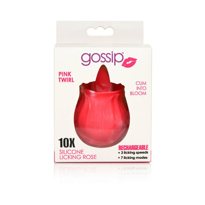 Packaging of a pink silicone licking rose vibrator with 10 functions, rechargeable with multiple licking speeds and modes.
