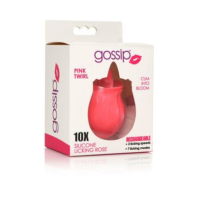 Packaging box of Gossip Tongue Tickler rechargeable silicone licking rose in pink twirl color with 10 functions.