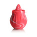 Red and white marbled silicone licking vibrator shaped like a rosebud with a central tongue feature and power button.