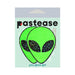 Green glitter alien face pasties with black sparkling eyes on Pastease branded packaging.