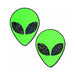 Pair of green glitter alien face-shaped pasties with black glitter eyes on a white background.