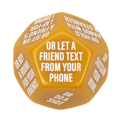 Orange 12-sided dice with white text featuring fun bachelor party dares and challenges.