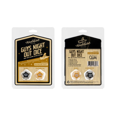 Guys Night Out Dice bachelor party game packaging showing two 12-sided dice with do or dare challenges.