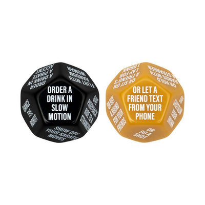Two 12-sided dice for bachelor party game, one black with white text and one gold with white text, featuring fun challenges and dares.