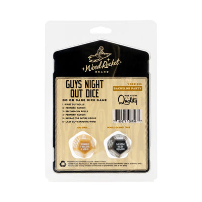Guys Night Out Dice bachelor party game with two large 12-sided dice in premium packaging by Wood Rocket.