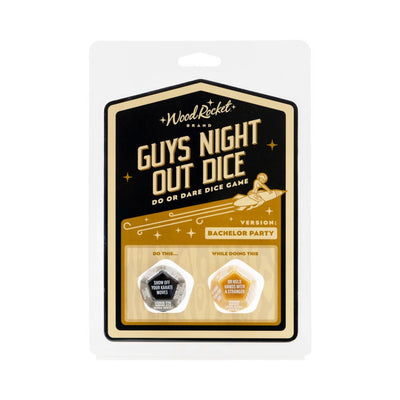 Guys Night Out Dice bachelor party game set with two 12-sided dice in black and gold packaging.
