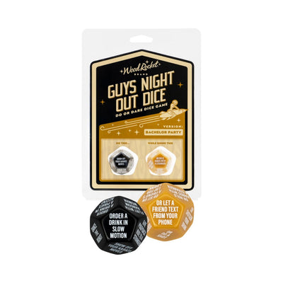 Guys Night Out Dice bachelor party game with two large 12-sided dice in black and gold packaging.
