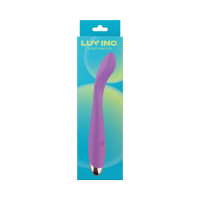 Purple G-spot vibrator with curved tip and textured surface, displayed on blue and green gradient packaging.
