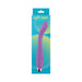 Purple G-spot vibrator with curved tip and textured surface, displayed on blue and green gradient packaging.