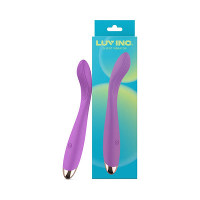 Purple curved G-spot vibrator with textured silicone surface and metallic base, displayed next to its blue and green gradient packaging.