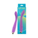 Purple curved G-spot vibrator with textured silicone surface and metallic base, displayed next to its blue and green gradient packaging.